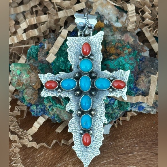 Kingman turquoise coral statement cross sterling silver pendant - Picture 1 of 5